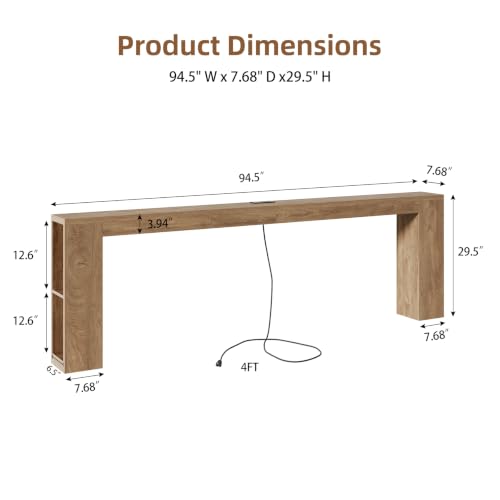 94.5-Inch Extra Long Console Table with Charging Station and Storage Shelves