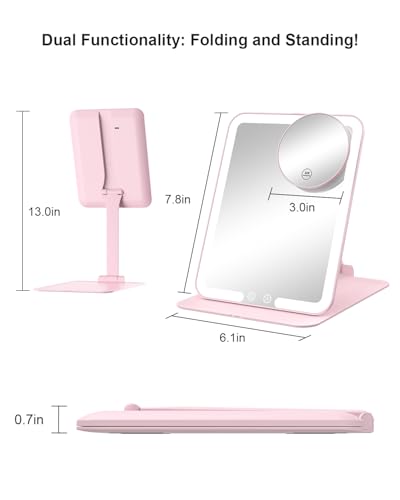 Gospire Travel Makeup Mirror with Lights and Magnification 10X, Pink