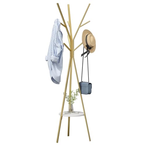 Modern Gold Metal Coat Rack with 9 Hooks and Storage Shelf, 71-Inch Hall Tree