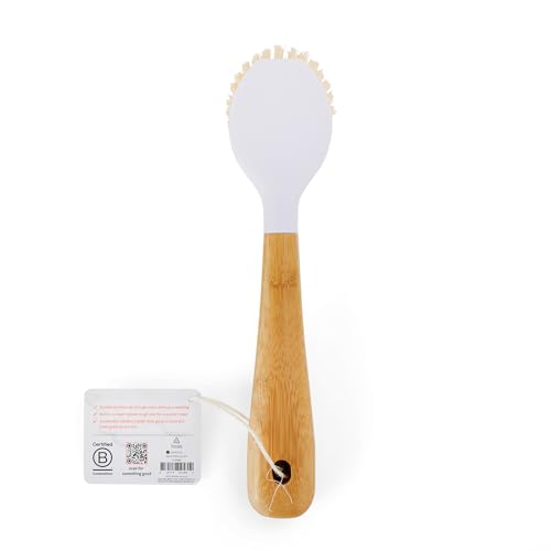 Bamboo Handle Dish Scrub Brush with Built-In Scraper for Pots & Pans