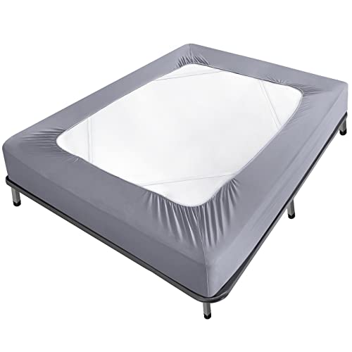 Queen Box Spring Cover - Stretchable 4-Side Bed Skirt Wrap, Grey