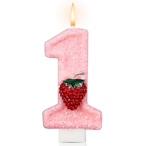 Pink Strawberry Number 1 Birthday Candle - 1st Birthday Cake Topper