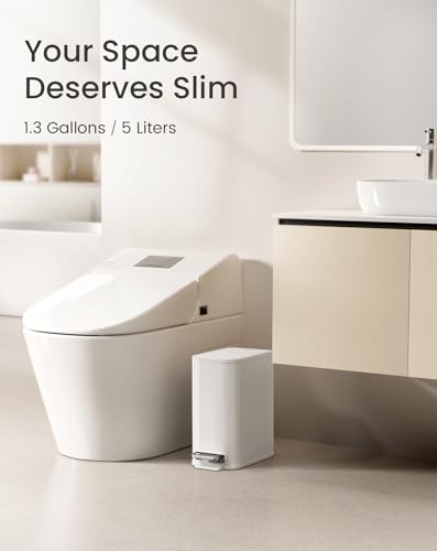 Slim Small Bathroom Trash Can with Soft-Close Lid & Step Pedal - 1.3 Gal