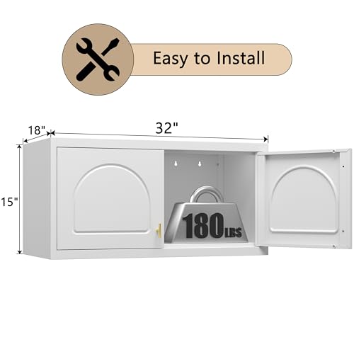 32" White Metal Wall Cabinet with 2 Doors & Gold Handle - Industrial Storage