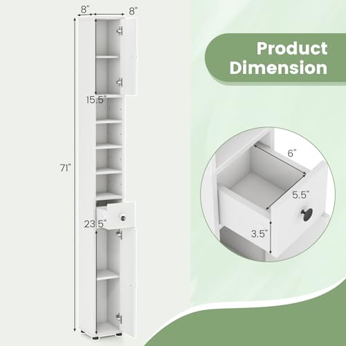 Tall Slim Bathroom Storage Cabinet, 71-Inch Freestanding Tower with Drawer