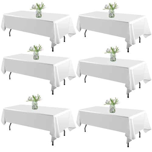 6-Pack Rectangle Tablecloths 60x102 Inch for 6ft Tables, White Polyester