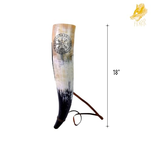 18-Inch Authentic Ox Horn Battle Trumpet with Compass Engraving and Strap