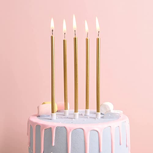 PHD CAKE Gold Long Thin Metallic Birthday Candles with Holders, 24 Pack