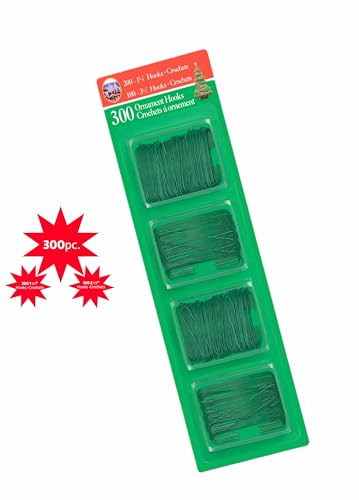 Green Christmas Tree Ornament Hooks - Bendable Metal Wire, 300 Pack