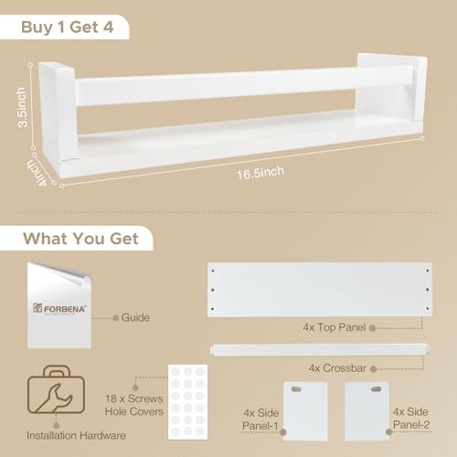 Floating Nursery Book Shelves - Set of 4 White Wood Wall Shelves for Kids Room
