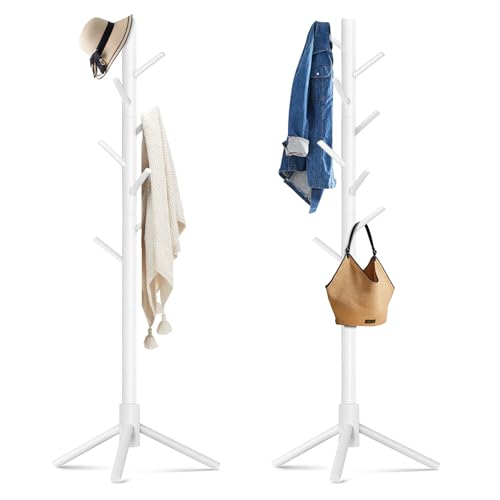 Freestanding Wooden Coat Rack - 8-Hook Adjustable Pine Clothes Tree, White