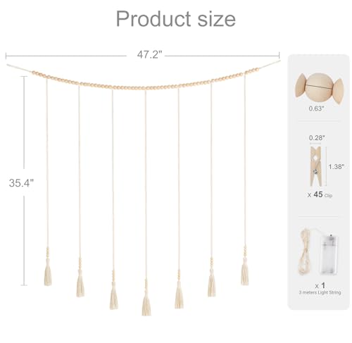 Macrame Wall Hanging Photo Display with 45 Clips and Wood Beads Garland