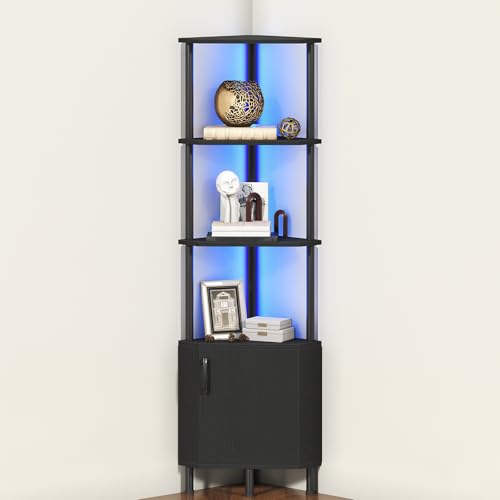 5-Tier Industrial Corner Bookshelf with LED Lighting and Storage Cabinet