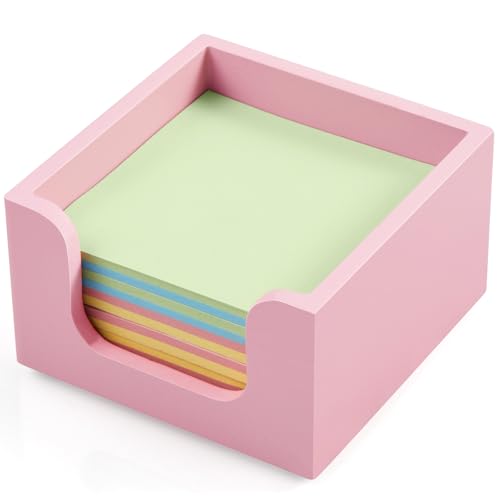 Wooden Sticky Note Holder 3x3 Inch Pink Desk Dispenser Organizer