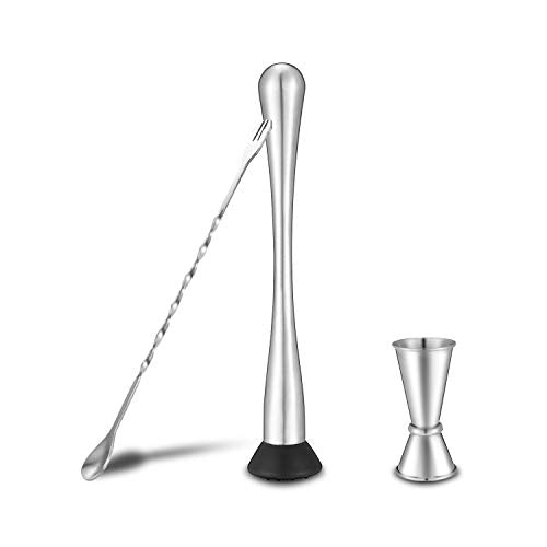 Stainless Steel Cocktail Muddler Set with Jigger and Bar Spoon - 10 Inch Professional Bar Tools for Mojitos and Fruit Drinks