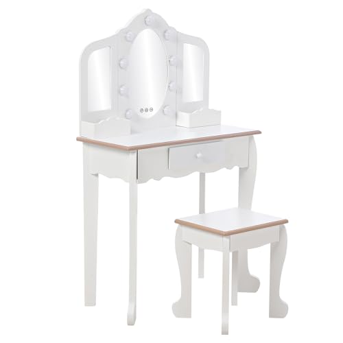 Kids Vanity Table Set with Tri-Fold Lighted Mirror and Stool, White