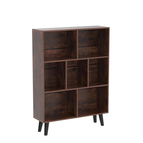 3-Tier Mid-Century Modern Cube Bookshelf with Legs, Brown Storage Shelf