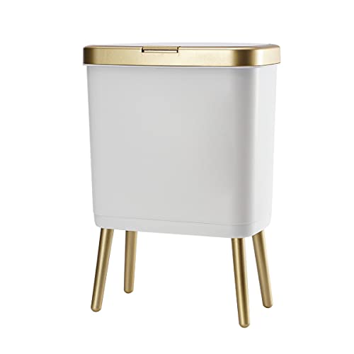 4 Gallon Slim Bathroom Trash Can with Lid and Legs White and Gold