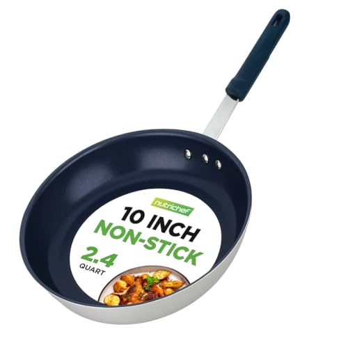 NutriChef 10 Inch Non Stick Ceramic Coated Frying Pan, Aluminum Frying Pan with Silicone Handle, Stain-Resistant, PFOA Free ? Compatible with Gas, Electric, Induction, and Ceramic Cooktops