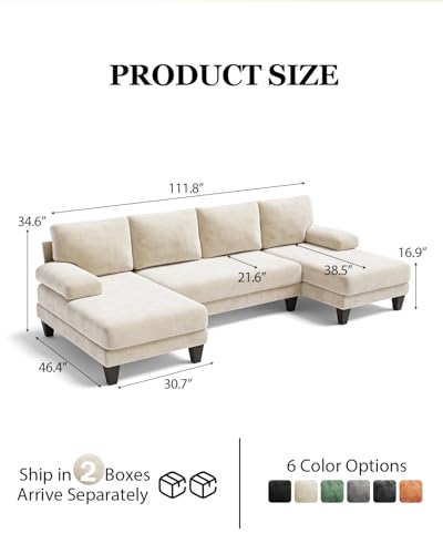 112-Inch U-Shaped Sectional Sofa with Double Chaise, Warm White Chenille