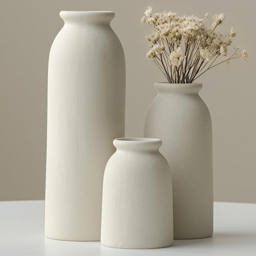 Ceramic Vase Set of 3 - Distressed Beige Vases for Pampas Grass & Decor