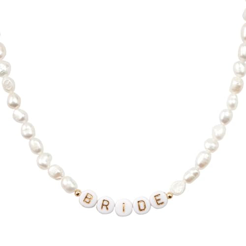 Freshwater Pearl Bride Choker Necklace with Gold Letter Beads - 14-inch