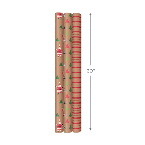 Hallmark Christmas Kraft Wrapping Paper Rolls - 3 Pack Holiday Gift Wrap with Santas, Trees & Stripes