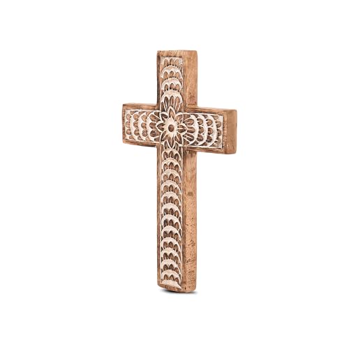 Handcrafted Mango Wood Floral Cross Wall Decor, 10-Inch Religious Art