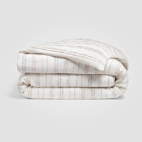 Calm White Beige Stripe King Duvet Cover - Cotton-Linen Blend