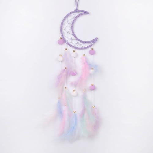 Purple Moon Dream Catcher for Kids Room Wall Decor with Feathers and Pompoms