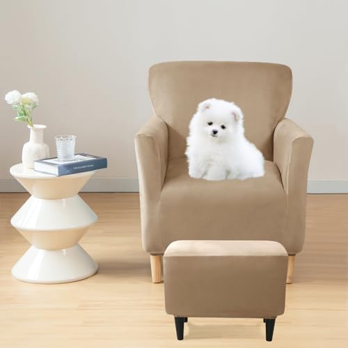Stretch Velvet Armchair and Ottoman Slipcovers Set - Non-Slip
