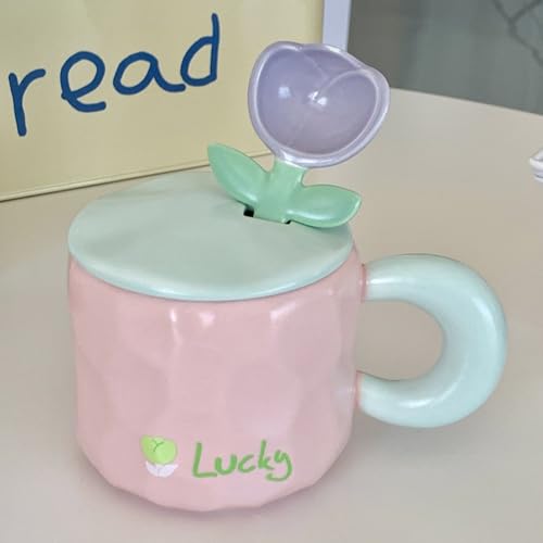 Disoza Pink Tulip 15 OZ Ceramic Coffee Mug with Lid - Floral Tea & Gift for Women