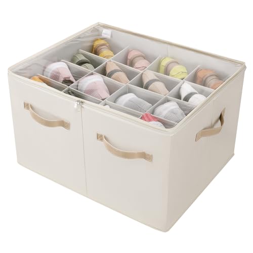Foldable Shoe Organizer for Closet with Adjustable Dividers and Clear Lid