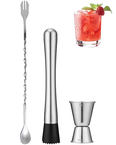 8-Inch Stainless Steel Muddler, 10-Inch Mixing Spoon & Jigger Bar Set