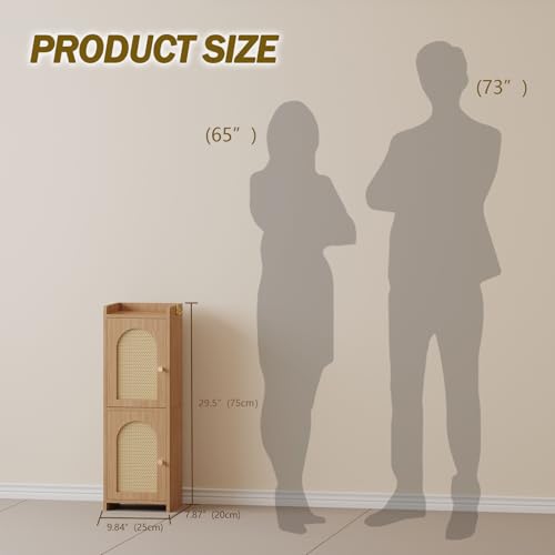 Narrow Rattan Bathroom Storage Cabinet with 2 Doors and Adjustable Shelf