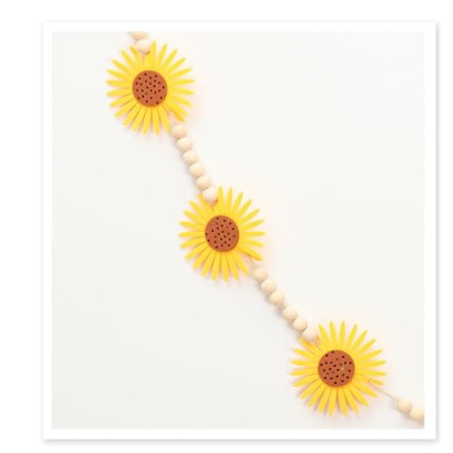 Farmhouse Wood Bead Garland with Felt Sunflowers and Tassels - 55 Inch