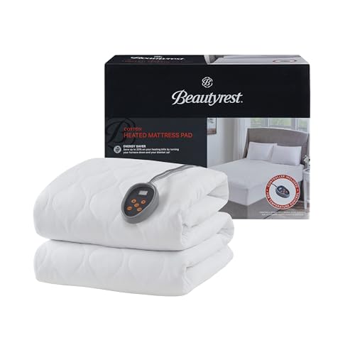 Beautyrest Cotton Heated Mattress Pad - Bed Warmer with 20 Heat Settings Controller, Auto Shut Off Timer, All Around Elastic Deep Pocket, UL Certified, Machine Washable, White Twin XL