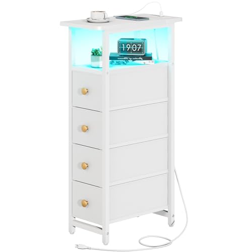 Tall Narrow Nightstand with Charging Station, LED Lighting & 4 Fabric Drawers