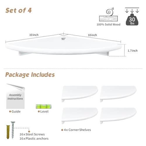 White Corner Floating Shelves, 10-Inch Wall Mounted Wood Shelving Set of 4