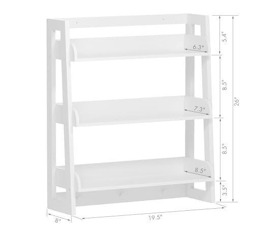 3-Tier Wall-Mounted Ladder Shelf with Hooks, White Wood Storage Organizer
