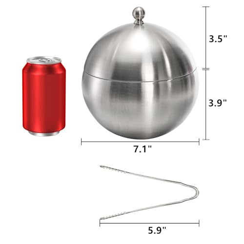Yesland 2L Stainless Steel Double Wall Insulated Ice Bucket with Lid & Tongs - Spherical Wine & Champagne Chiller for Home Bar & Parties