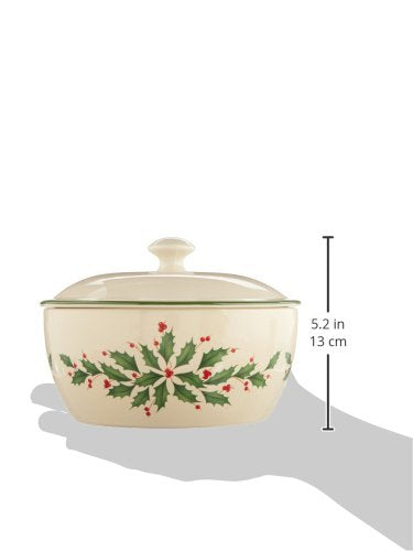 Lenox Holiday Porcelain Covered Casserole Dish with Holly Motif - Festive Serveware