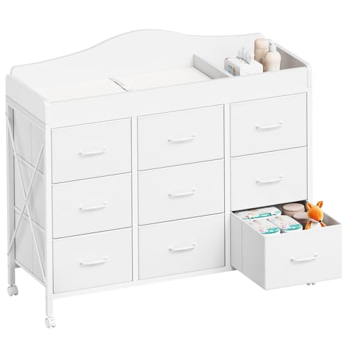 Mobile Baby Changing Table with 9 Storage Bins and Waterproof Pad, White