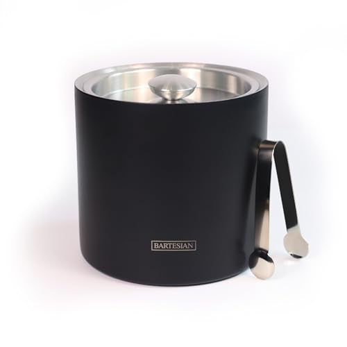 Bartesian Insulated Ice Bucket with Lid & Tongs - Matte Black Stainless Steel, Keeps Ice Cold 36 Hours, 100 oz Capacity