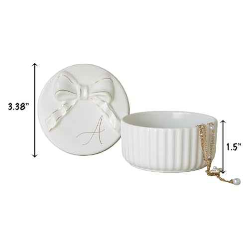 Ceramic Jewelry Box with Gold Bow Lid, White Porcelain Vanity Organizer