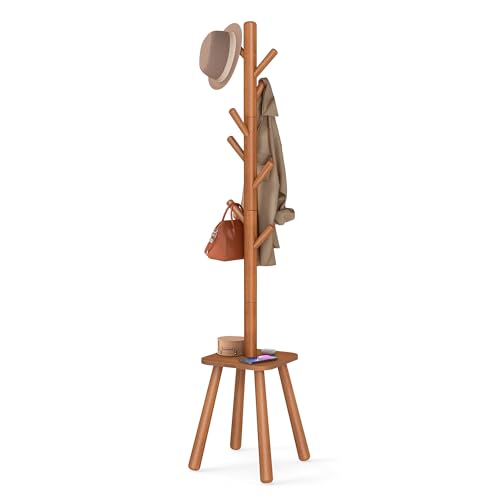 Freestanding Coat Rack with 8 Hooks and Storage Shelf, 69-Inch Tall