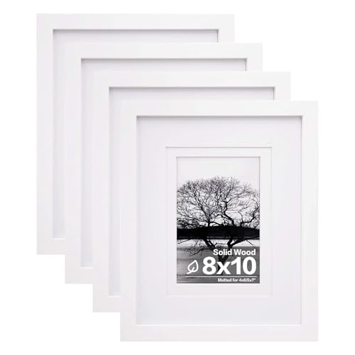 8x10 Solid Wood Picture Frames Set of 4 - White Photo Frame with Mats