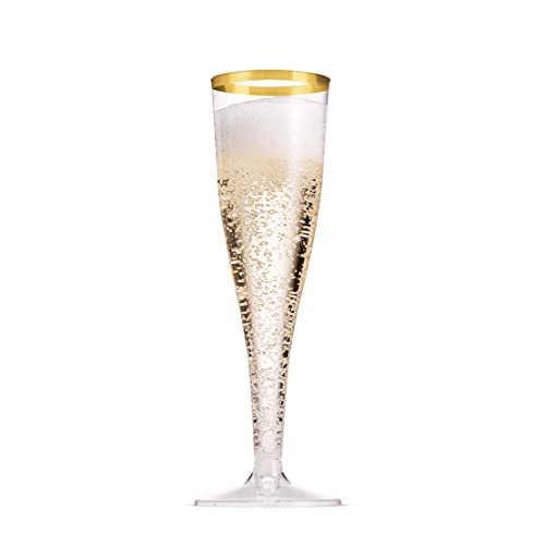 Gold Rim Disposable Plastic Champagne Flutes 5 Oz Pack of 100 - Elegant Partyware