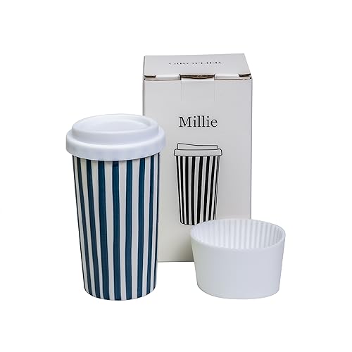 Blue Ceramic Travel Mug 12oz with Spill-Resistant Lid - Aesthetic Coffee Cup for On-the-Go