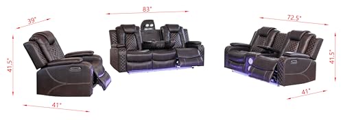 3-Piece Power Reclining Sofa Set with LED Lighting, Bluetooth & USB Charging